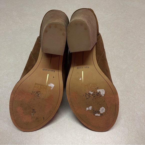 Dolce Vita Peep Toe Open Back Block Heel Brown Suede Leather Booties size 9.5 - Picture 6 of 7